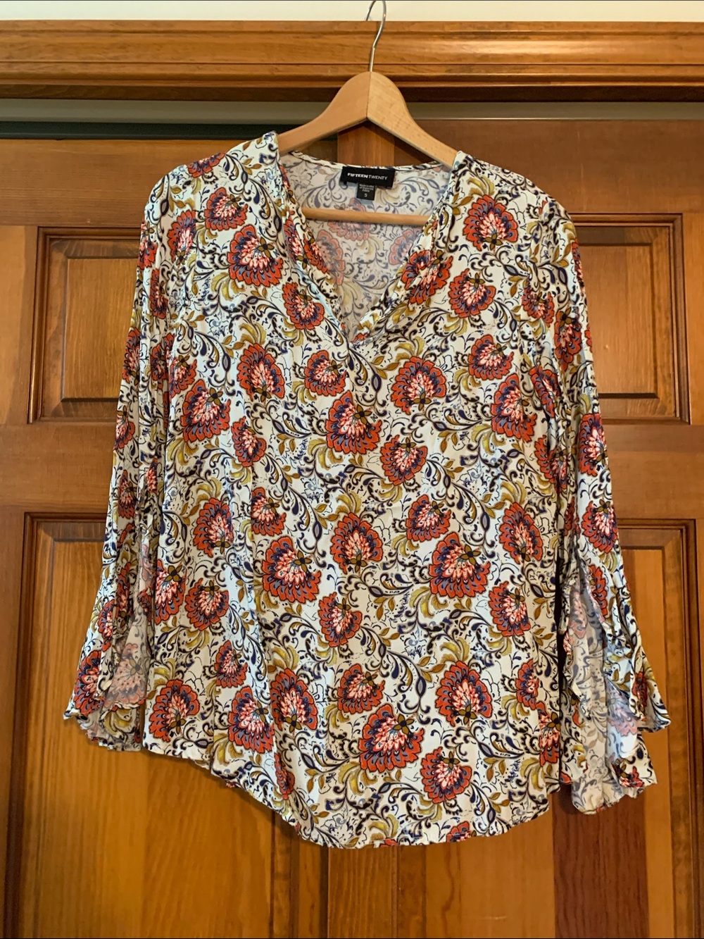 Fifteen Twenty Cream V-Neck Blouse with Red Floral Print